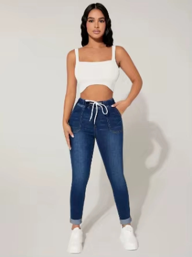 Y2K Jeans Women'S Denim Pants Drawstring Elastic Waist Tight Jeans Vintage Sexy Low Waist Fashion Casual Commuting Denim Pants